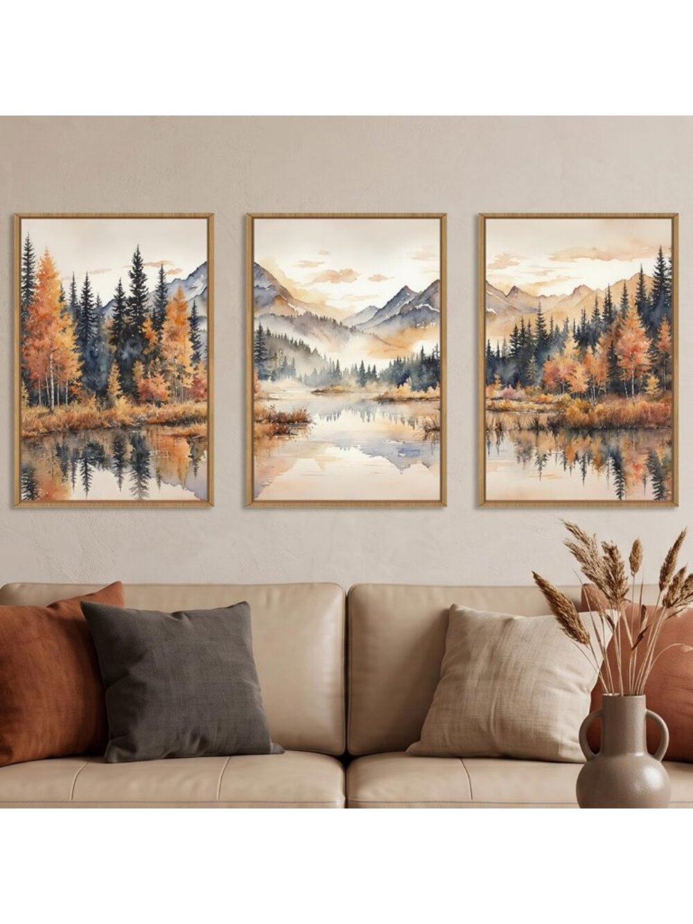 Large Neutral Mountain Canvas Wall Art - Foggy Forest Watercolor Decor for Home